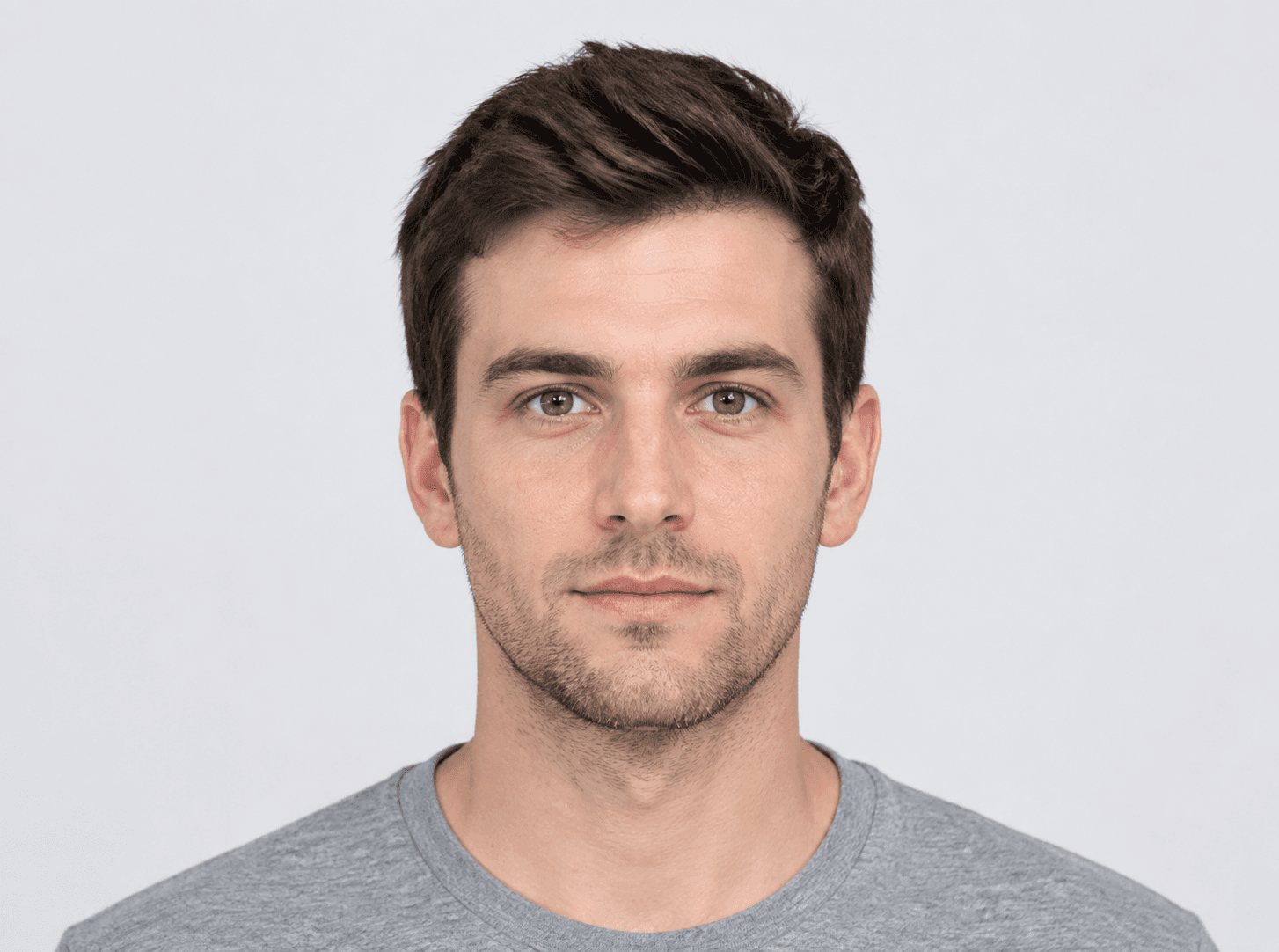 Black-and-white studio portrait with eye spacing, symmetry and jaw contour guides